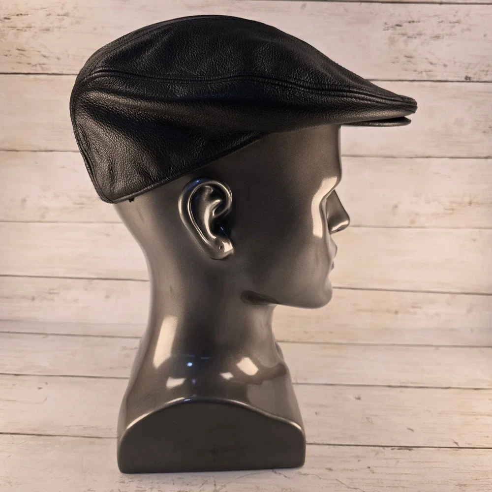 Harley Davidson Mens Black Leather Cap Flat Hat Biker Logo Genuine MotorClothes